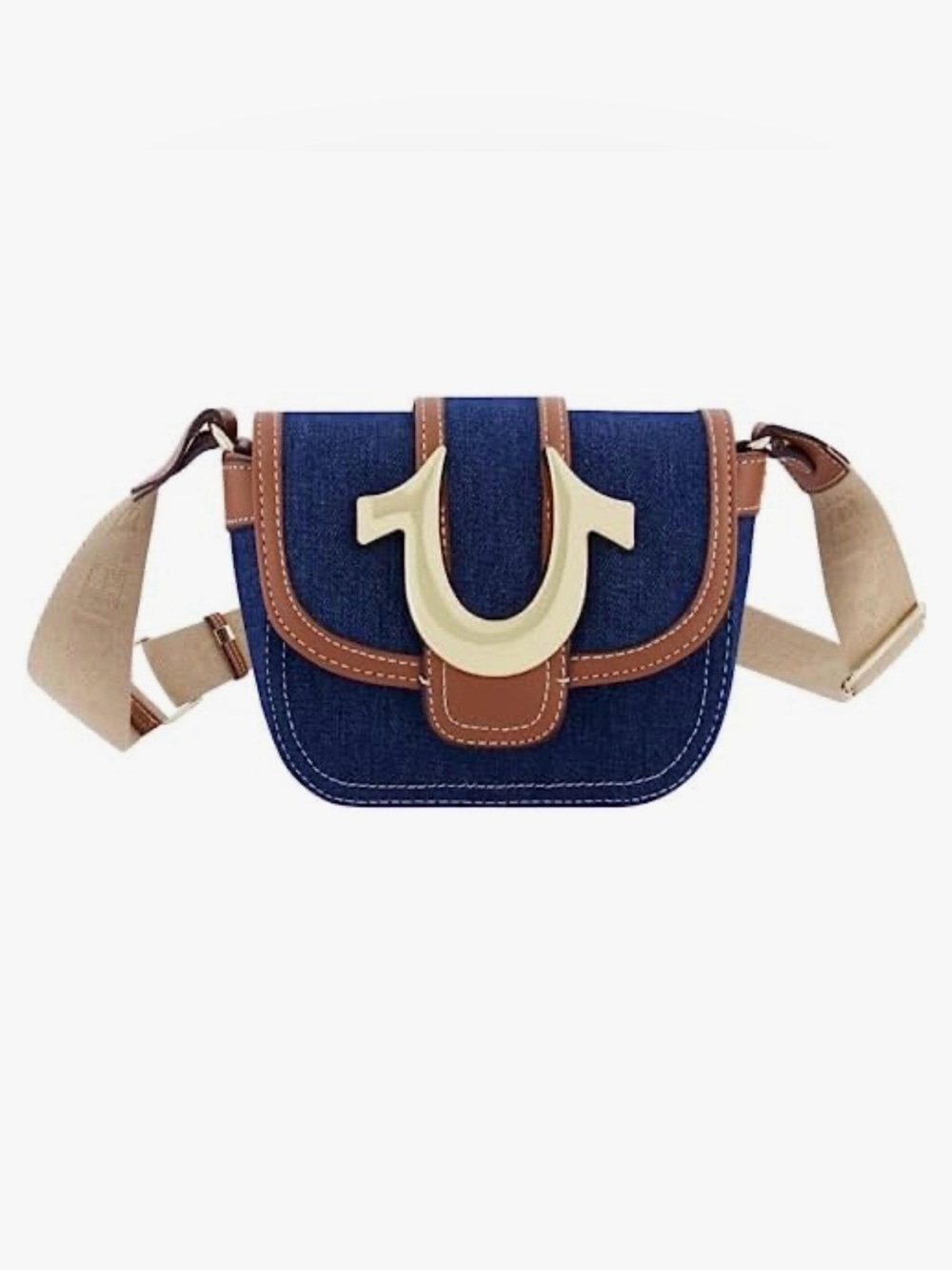 True Religion Denim Crossbody Bag with Brown Trim and Gold Accent